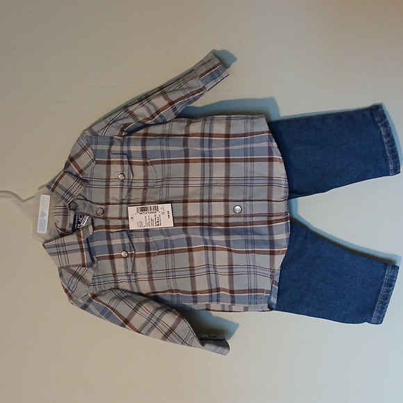 NWT The Children's Place Plaid Shirt with Denim Jeans Size 6-9 Months - Picture 1 of 3